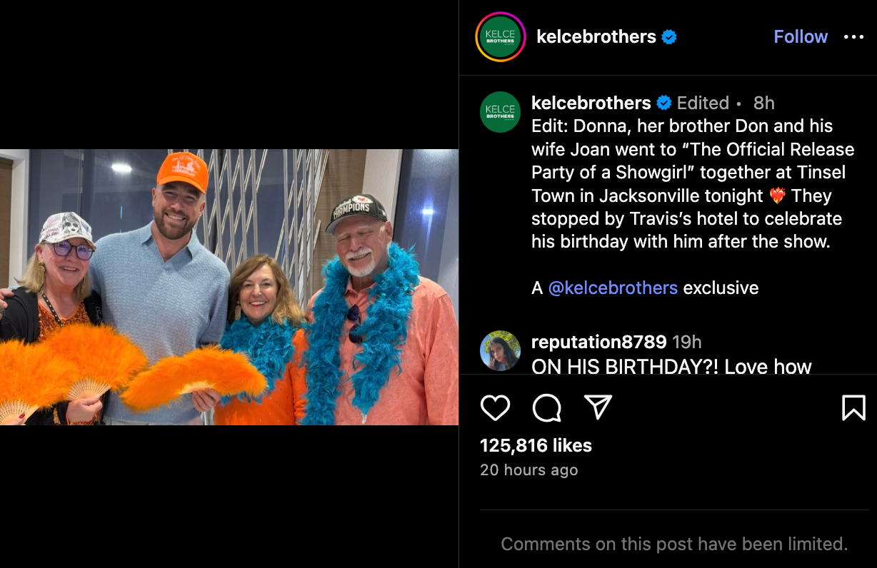 Donna and Travis Kelce at “The Official Release Party of a Showgirl” in Jacksonville. 